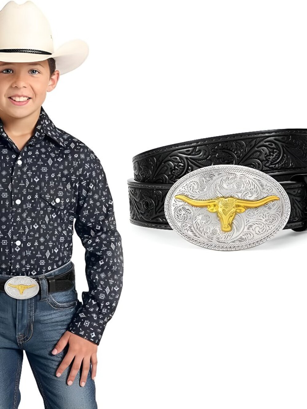 Kids Western Belt Leather with Bull Horse Buckle for Boys Cowboy Outfits - D